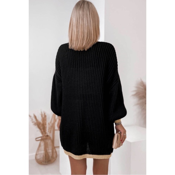 Black With Tan Contrast Trim Open Front Lantern Sleeve Cardigan Sweater - Picture 3 of 5
